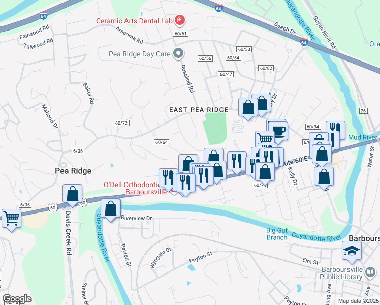map of restaurants, bars, coffee shops, grocery stores, and more near 136 Jefferson Park Drive in Huntington