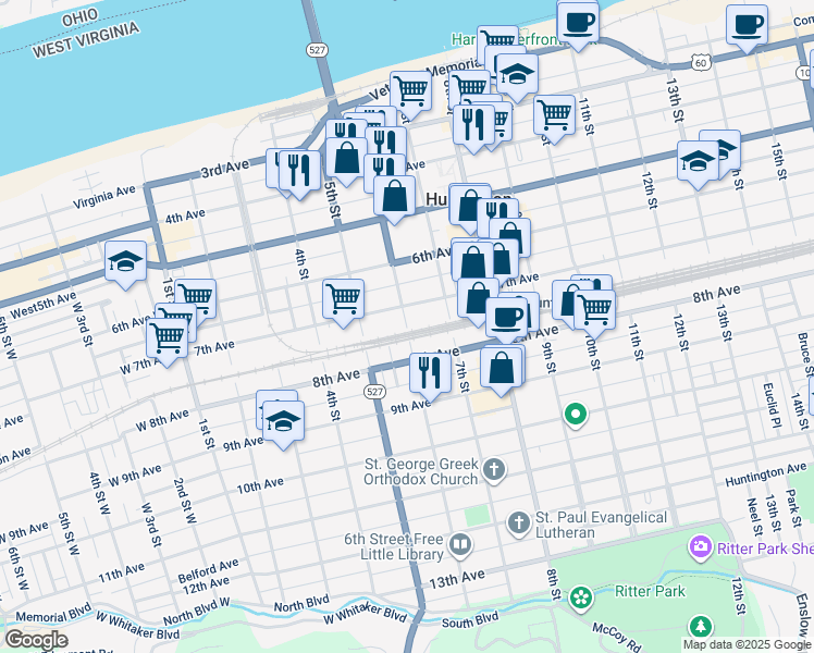 map of restaurants, bars, coffee shops, grocery stores, and more near 716 6th Street in Huntington
