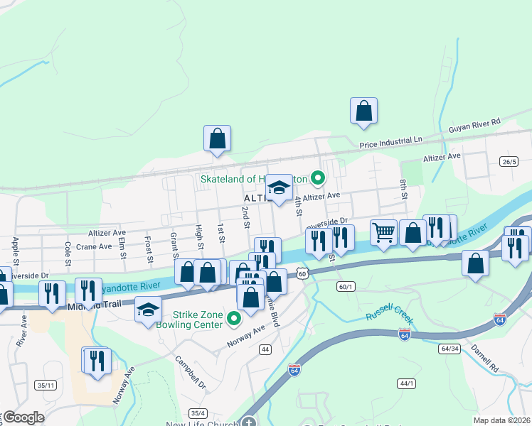 map of restaurants, bars, coffee shops, grocery stores, and more near 221 3rd Street in Huntington