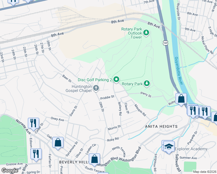 map of restaurants, bars, coffee shops, grocery stores, and more near 224 North Walnut Street in Huntington