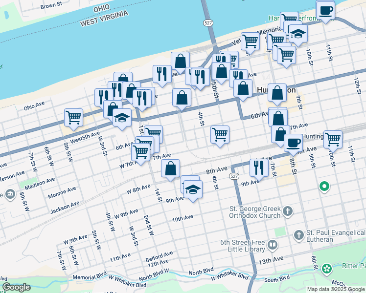 map of restaurants, bars, coffee shops, grocery stores, and more near 244 7th Avenue in Huntington