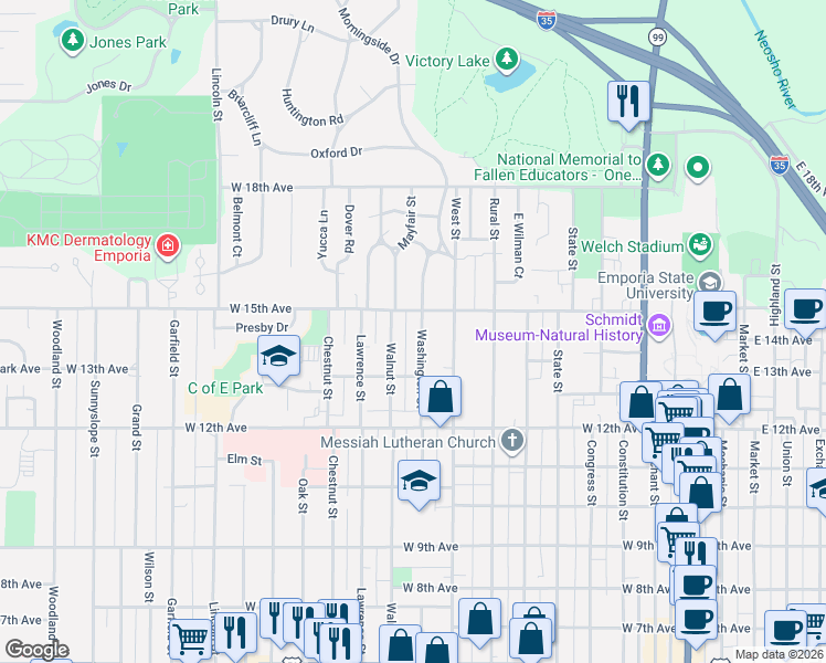 map of restaurants, bars, coffee shops, grocery stores, and more near 1402-1414 Washington Street in Emporia