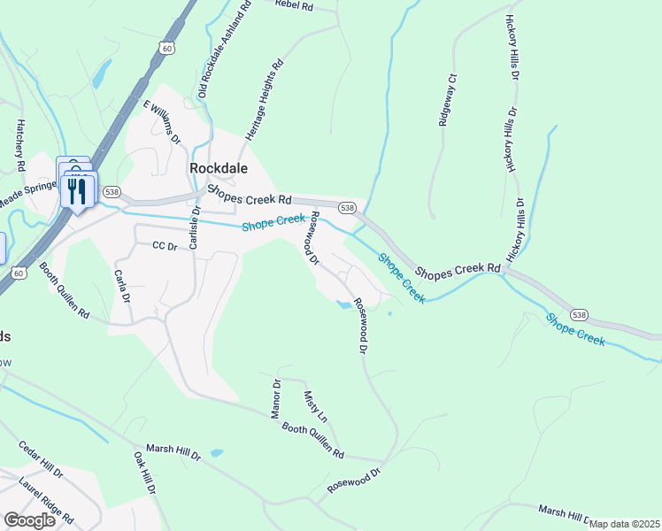 map of restaurants, bars, coffee shops, grocery stores, and more near 7904 Rosewood Drive in Ashland