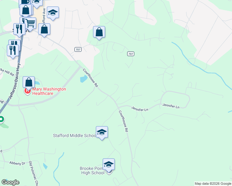 map of restaurants, bars, coffee shops, grocery stores, and more near 1529 Courthouse Road in Stafford