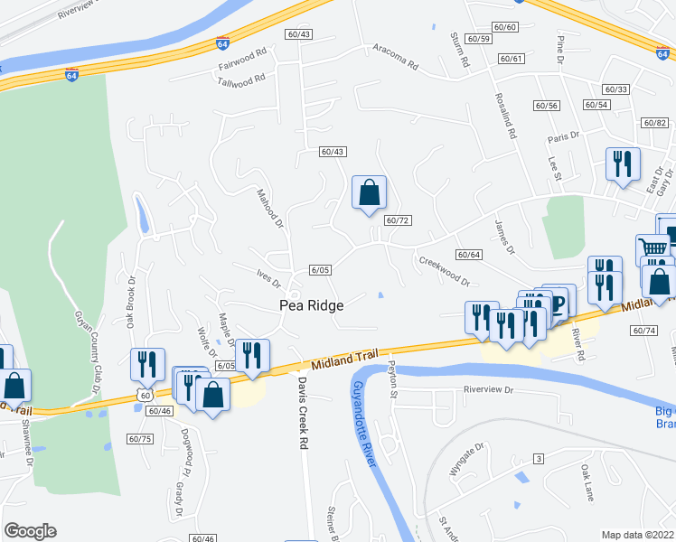 map of restaurants, bars, coffee shops, grocery stores, and more near 5935 East Pea Ridge Road in Huntington