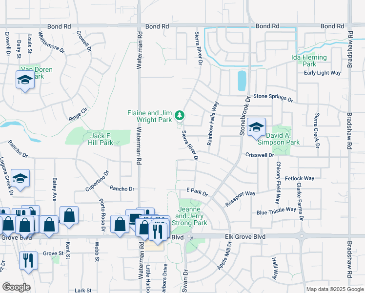 map of restaurants, bars, coffee shops, grocery stores, and more near 9378 Briartown Court in Elk Grove