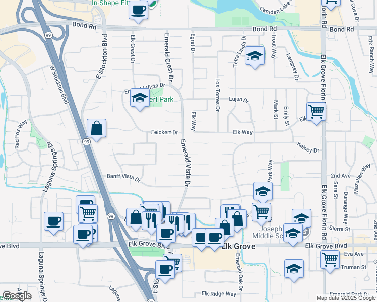 map of restaurants, bars, coffee shops, grocery stores, and more near 8700 Thetford Court in Elk Grove