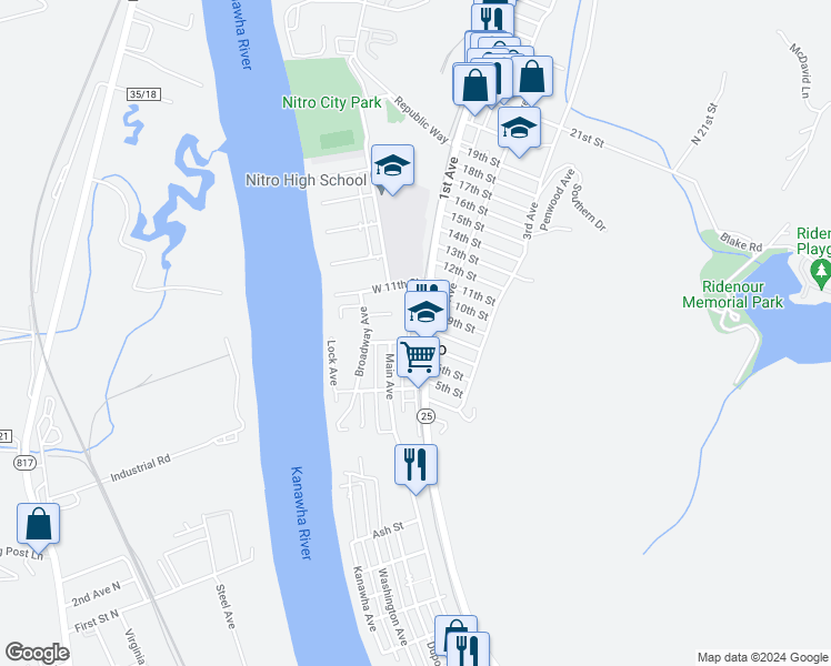 map of restaurants, bars, coffee shops, grocery stores, and more near in Nitro