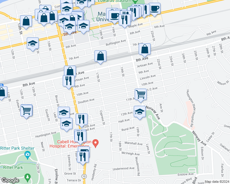 map of restaurants, bars, coffee shops, grocery stores, and more near 1807 Doulton Avenue in Huntington