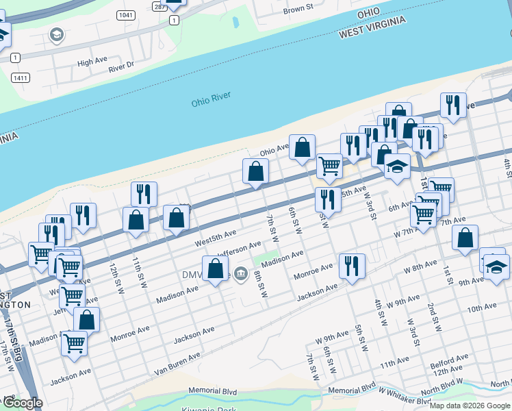 map of restaurants, bars, coffee shops, grocery stores, and more near 711 Adams Ave in Huntington