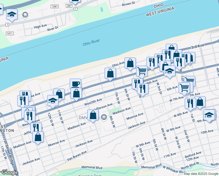 map of restaurants, bars, coffee shops, grocery stores, and more near 711 Adams Ave in Huntington