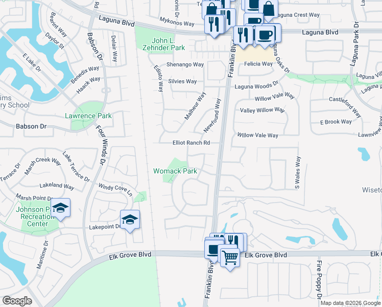 map of restaurants, bars, coffee shops, grocery stores, and more near 9421 Silver Bridle Way in Elk Grove