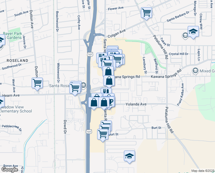 map of restaurants, bars, coffee shops, grocery stores, and more near 2460 Santa Rosa Avenue in Santa Rosa