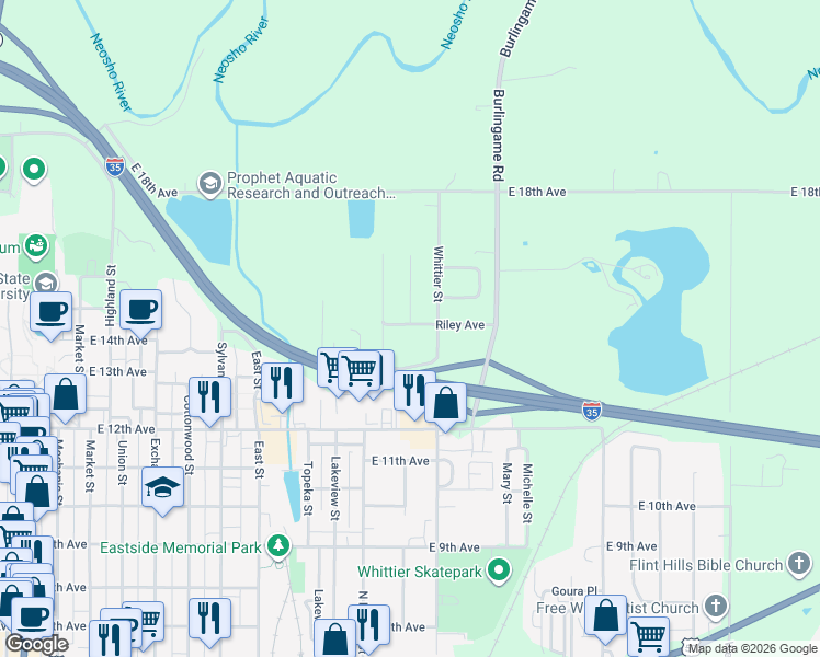 map of restaurants, bars, coffee shops, grocery stores, and more near 1093-1299 Riley Avenue in Emporia