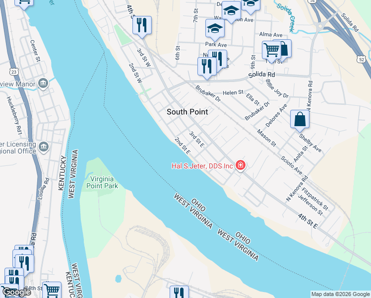 map of restaurants, bars, coffee shops, grocery stores, and more near 609 2nd Street East in South Point