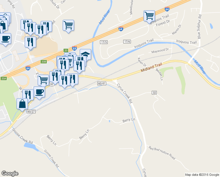 map of restaurants, bars, coffee shops, grocery stores, and more near 3499 East Trails End Road in Barboursville