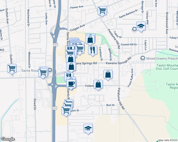 map of restaurants, bars, coffee shops, grocery stores, and more near 2355 Meadow Way in Santa Rosa