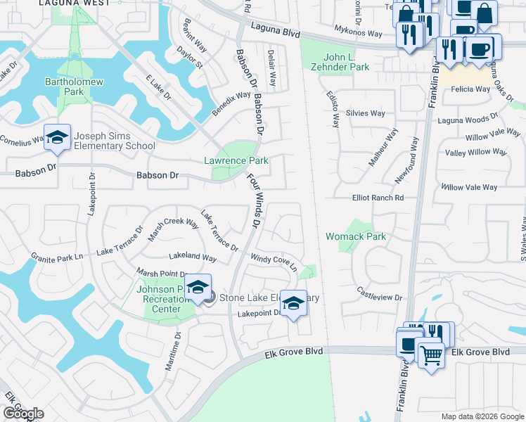 map of restaurants, bars, coffee shops, grocery stores, and more near 9369 Windrift Lane in Elk Grove