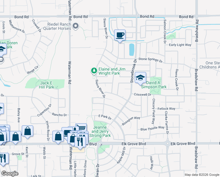 map of restaurants, bars, coffee shops, grocery stores, and more near 9421 Lyndley Plaza Way in Elk Grove