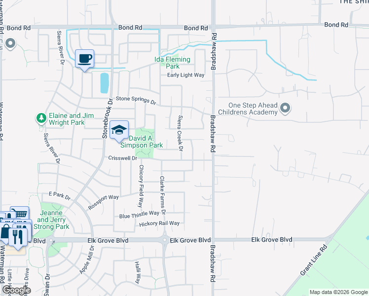 map of restaurants, bars, coffee shops, grocery stores, and more near 9688 Glacier Creek Way in Elk Grove