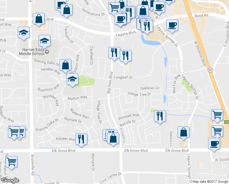 map of restaurants, bars, coffee shops, grocery stores, and more near 9474 Mereoak Circle in Elk Grove