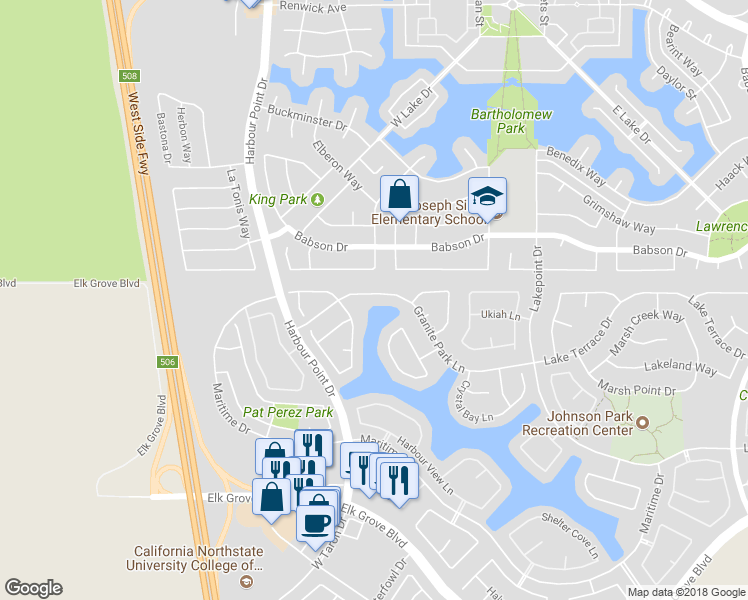 map of restaurants, bars, coffee shops, grocery stores, and more near 2702 Granite Park Lane in Elk Grove