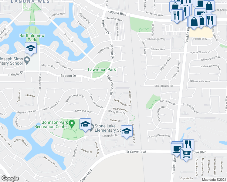 map of restaurants, bars, coffee shops, grocery stores, and more near 9369 Windrift Lane in Elk Grove