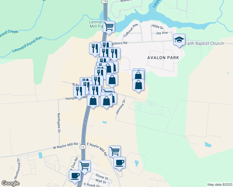 map of restaurants, bars, coffee shops, grocery stores, and more near 112 East North Pointe Drive in Salisbury