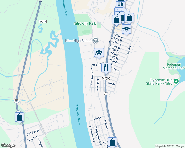 map of restaurants, bars, coffee shops, grocery stores, and more near 1 Main Avenue in Nitro