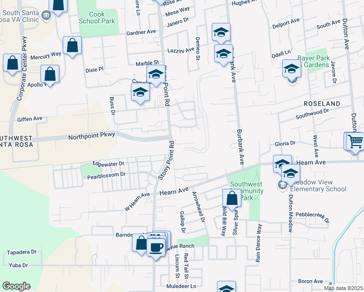 map of restaurants, bars, coffee shops, grocery stores, and more near 2270 Stony Point Road in Santa Rosa