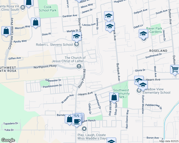 map of restaurants, bars, coffee shops, grocery stores, and more near 2270 Stony Point Road in Santa Rosa