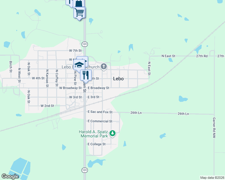 map of restaurants, bars, coffee shops, grocery stores, and more near North Walnut Street in Lebo