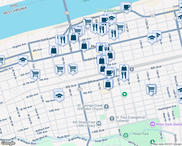map of restaurants, bars, coffee shops, grocery stores, and more near 716 6th Street in Huntington