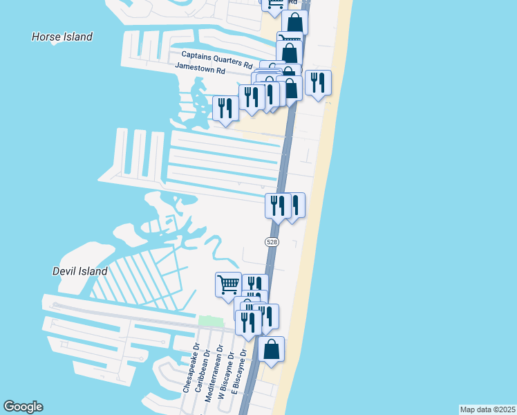 map of restaurants, bars, coffee shops, grocery stores, and more near 10301 Coastal Highway in Ocean City