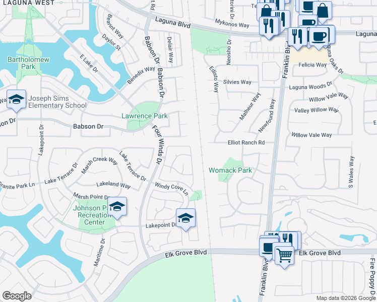map of restaurants, bars, coffee shops, grocery stores, and more near 4110 Spindrifter Lane in Elk Grove