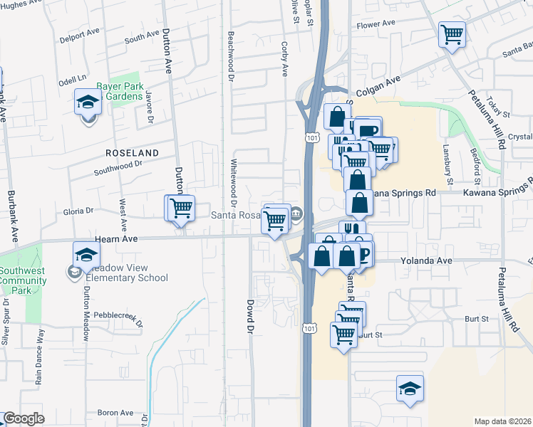 map of restaurants, bars, coffee shops, grocery stores, and more near 2549 Corby Avenue in Santa Rosa