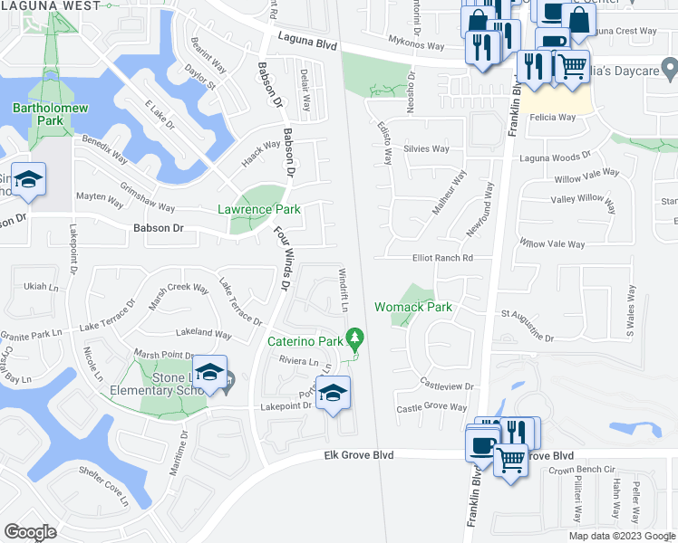 map of restaurants, bars, coffee shops, grocery stores, and more near 9436 Windrift Lane in Elk Grove