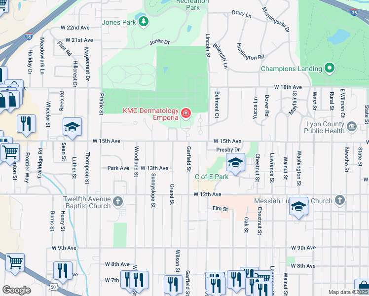 map of restaurants, bars, coffee shops, grocery stores, and more near 1318-1322 Grand Street in Emporia