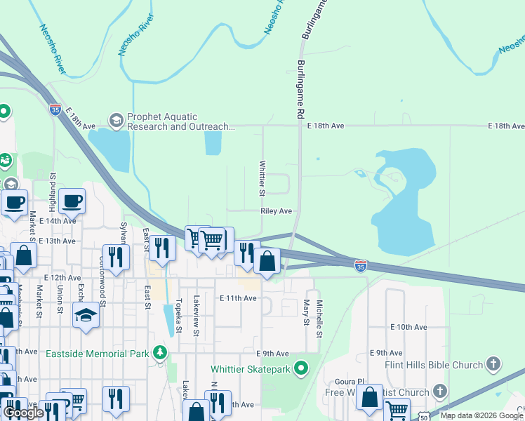 map of restaurants, bars, coffee shops, grocery stores, and more near 1299 Riley Ave in Emporia