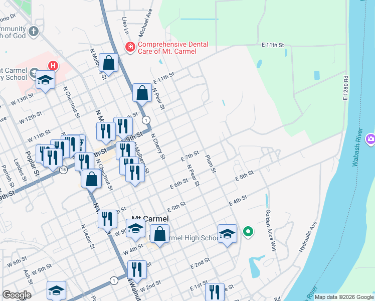 map of restaurants, bars, coffee shops, grocery stores, and more near 401-499 East 7th Street in Mount Carmel