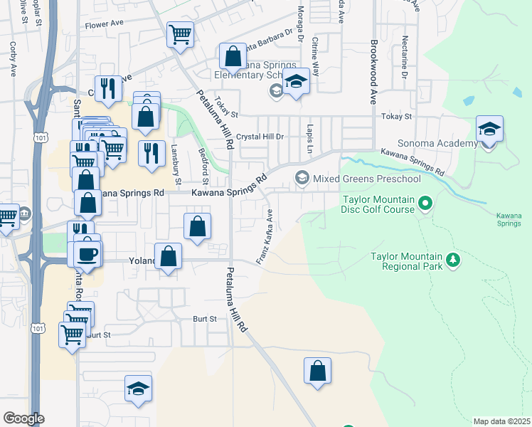 map of restaurants, bars, coffee shops, grocery stores, and more near 2655 Franz Kafka Avenue in Santa Rosa