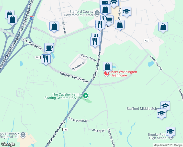 map of restaurants, bars, coffee shops, grocery stores, and more near 2001 Jefferson Davis Highway in Stafford