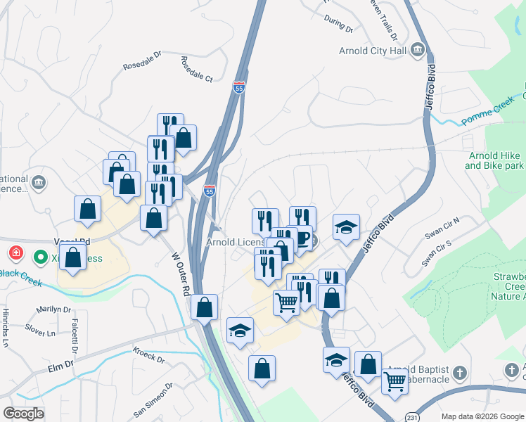 map of restaurants, bars, coffee shops, grocery stores, and more near 1905 Richardson Place Drive in Arnold
