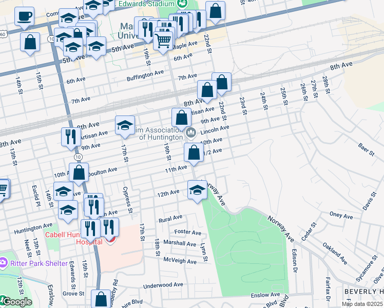 map of restaurants, bars, coffee shops, grocery stores, and more near 1037 20th Street in Huntington