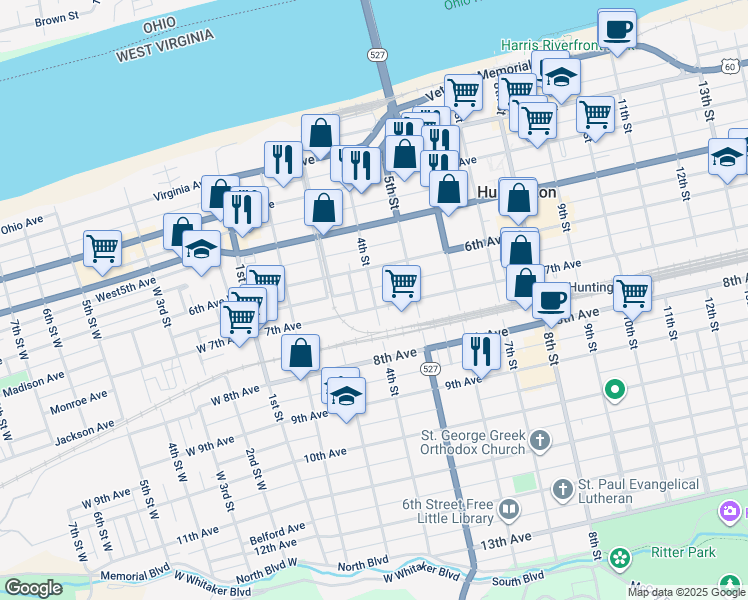 map of restaurants, bars, coffee shops, grocery stores, and more near 335 7th Avenue in Huntington