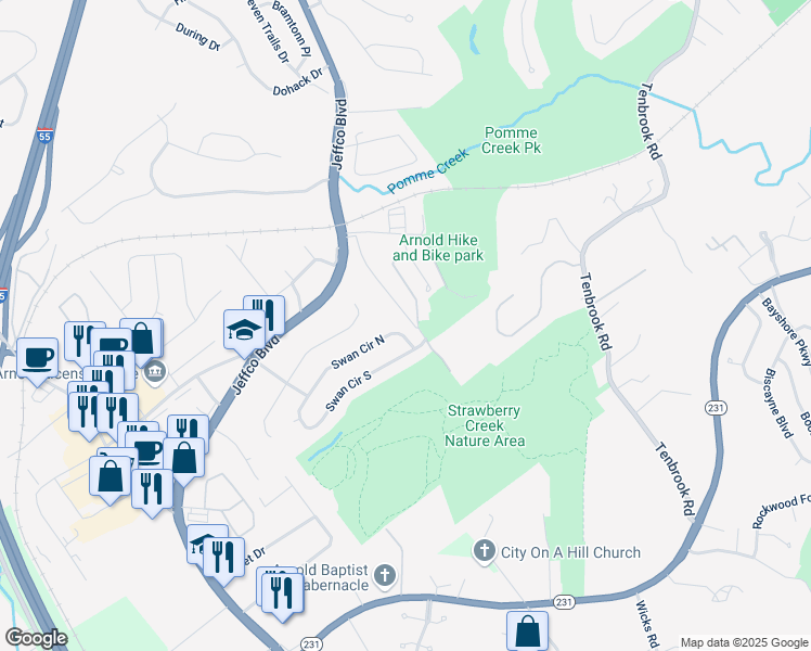 map of restaurants, bars, coffee shops, grocery stores, and more near 3403 Swan Circle South in Arnold