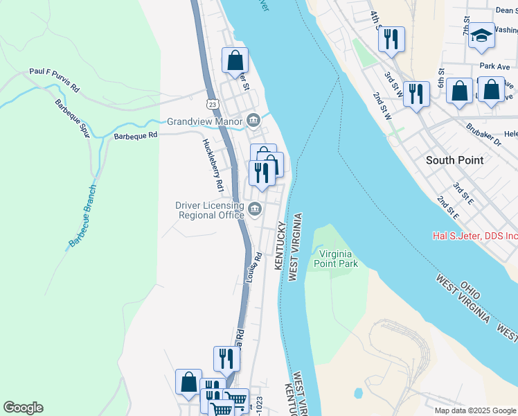 map of restaurants, bars, coffee shops, grocery stores, and more near 2800 Louisa Road in Catlettsburg