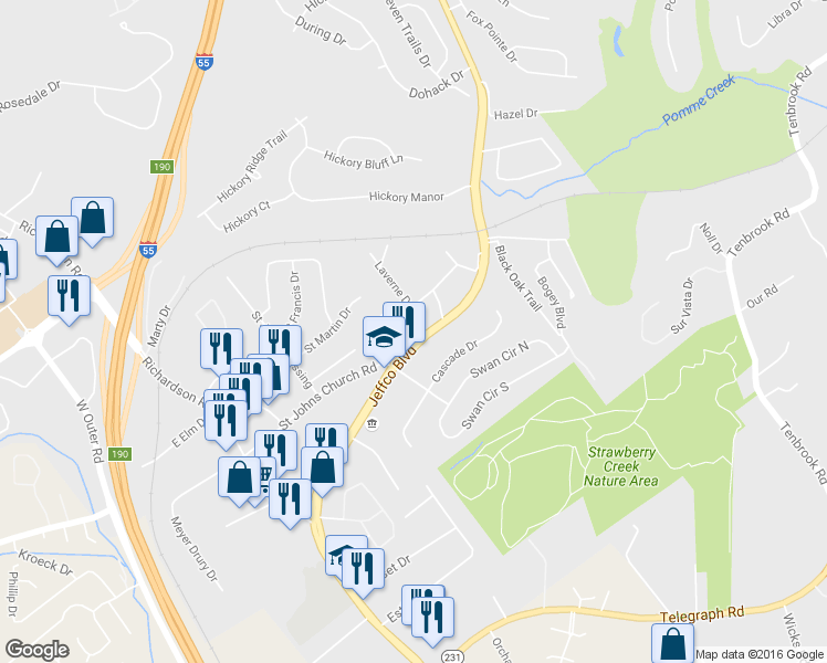 map of restaurants, bars, coffee shops, grocery stores, and more near 3499 Jeffco Boulevard in Arnold