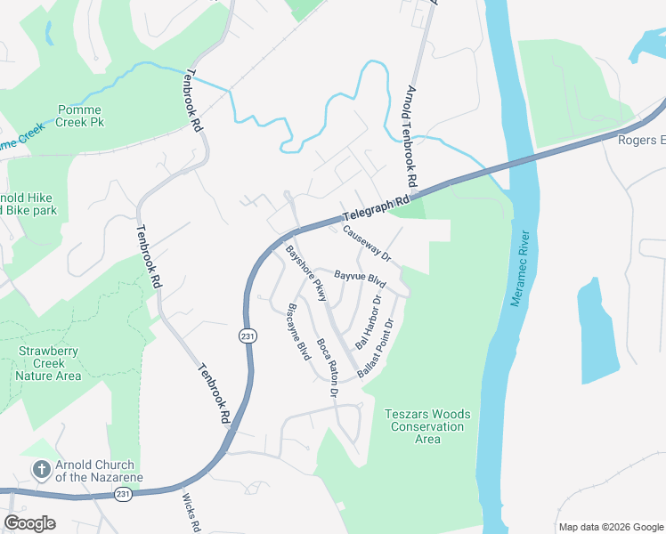 map of restaurants, bars, coffee shops, grocery stores, and more near 3262 Bayvue Boulevard in Arnold