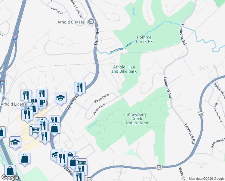 map of restaurants, bars, coffee shops, grocery stores, and more near 3403 Swan Circle South in Arnold